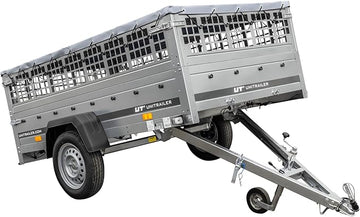 UNITRAILER Large Trailer 230 x 125 cm with Flat Tarpaulin, Mesh and Jockey Wheel - Garden Trailer 230 Kipp