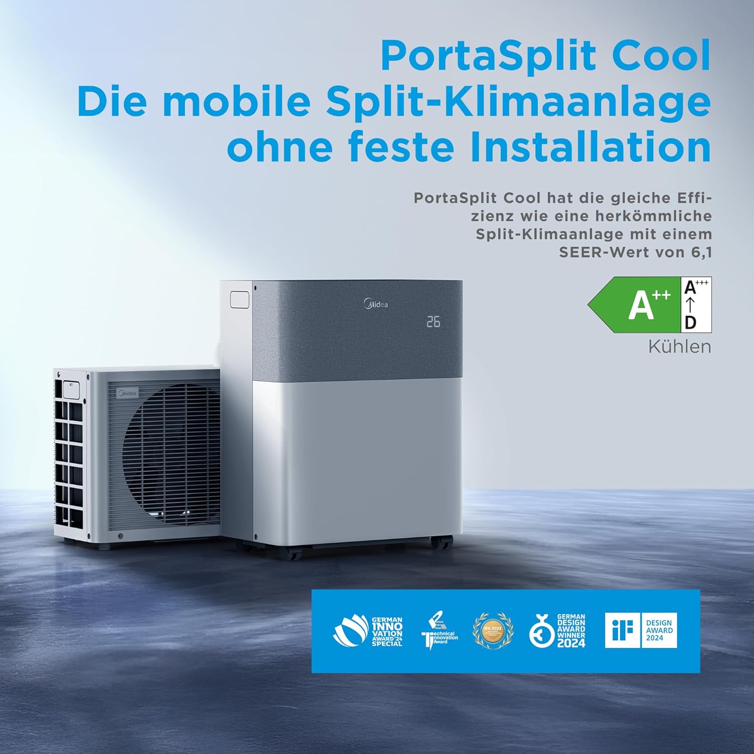 Midea Portasplit Cool Mobile Air Conditioner, cooling only, A++, 8,000 BTU, 2.3 kW
