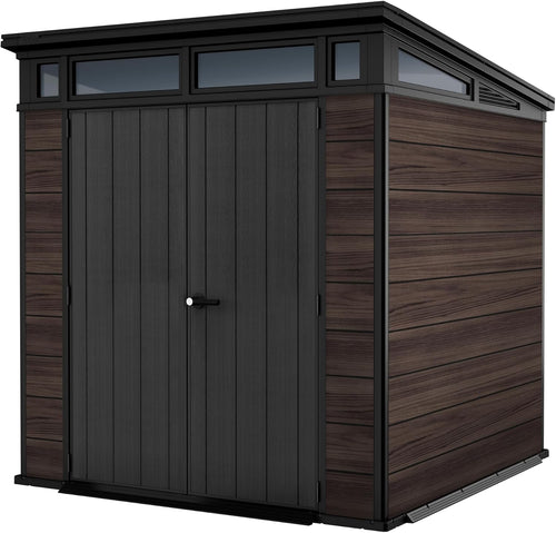 Keter Signature 7x7ft Pent Shed - Rosewood| Premium Weather‑Resistant Outdoor Storage with Steel‑Reinforced Roof & Lockable Double Doors