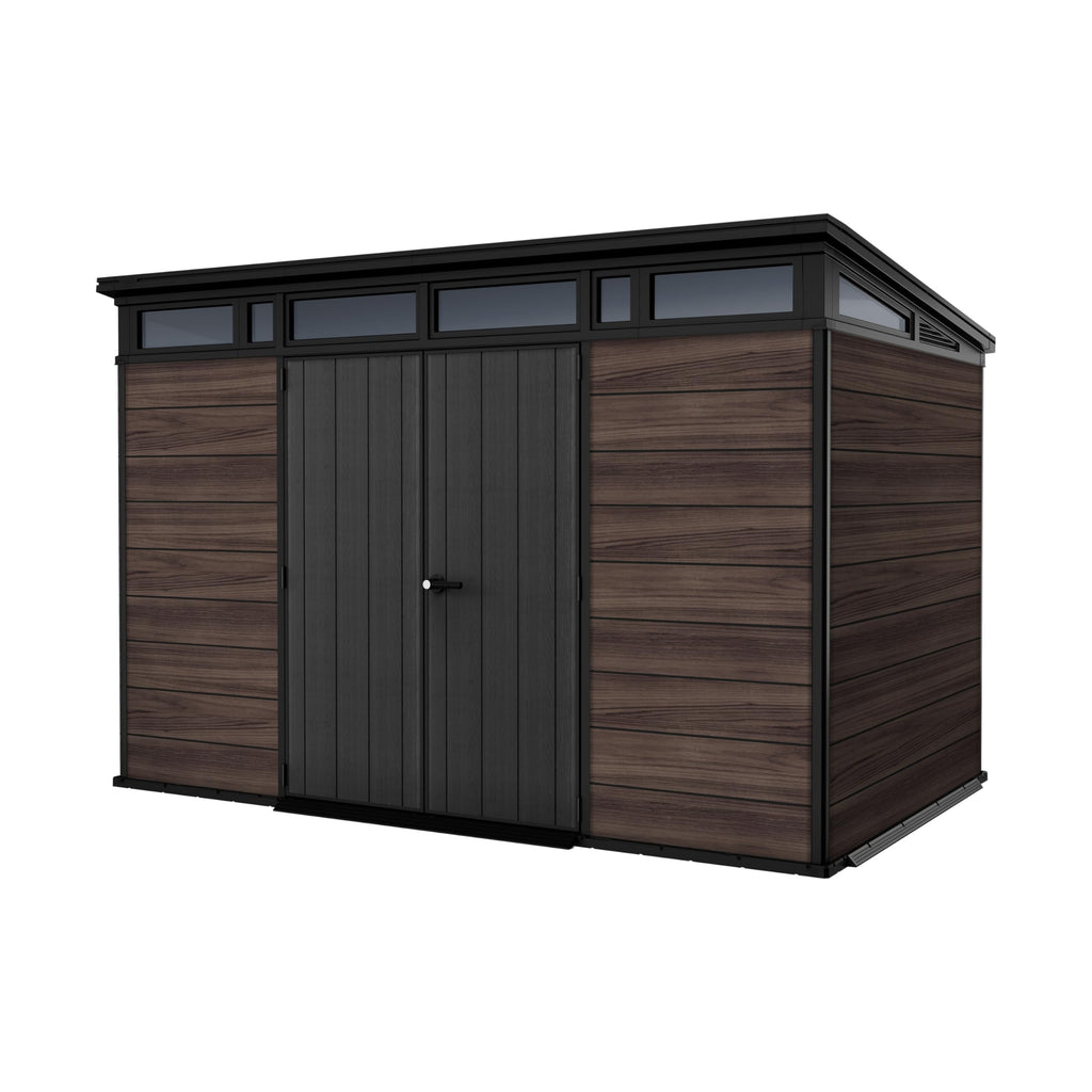 Keter Signature 7x7ft Pent Shed - Rosewood| Premium Weather‑Resistant Outdoor Storage with Steel‑Reinforced Roof & Lockable Double Doors