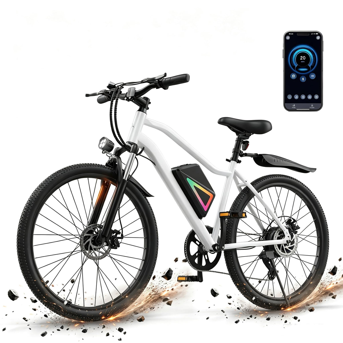 Finbike 26in Electric Bikes for Adults, 100KM Range, APP and USB Charging