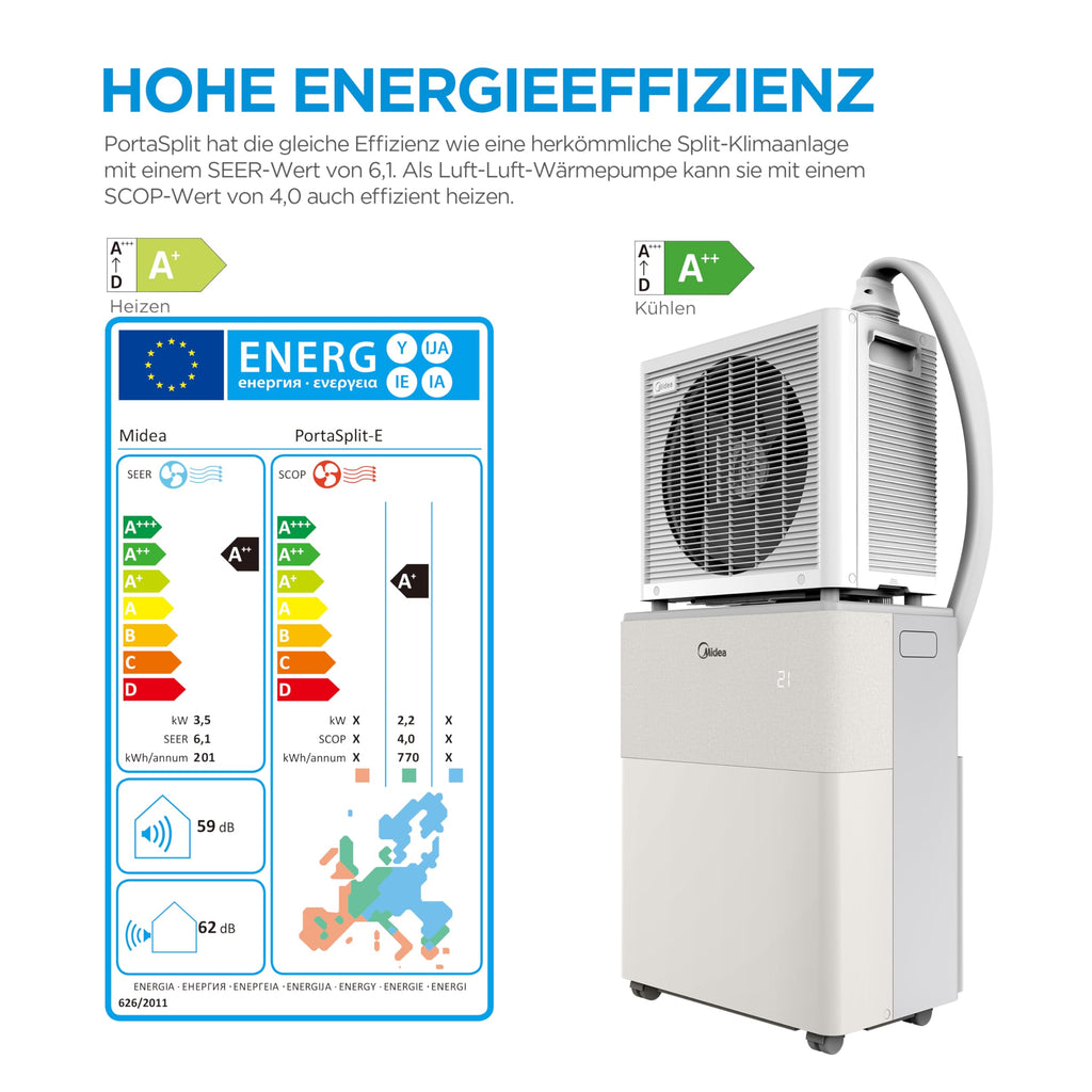 Midea PortaSplit-E Mobile Air Conditioner, Cooling A++/Heating A+