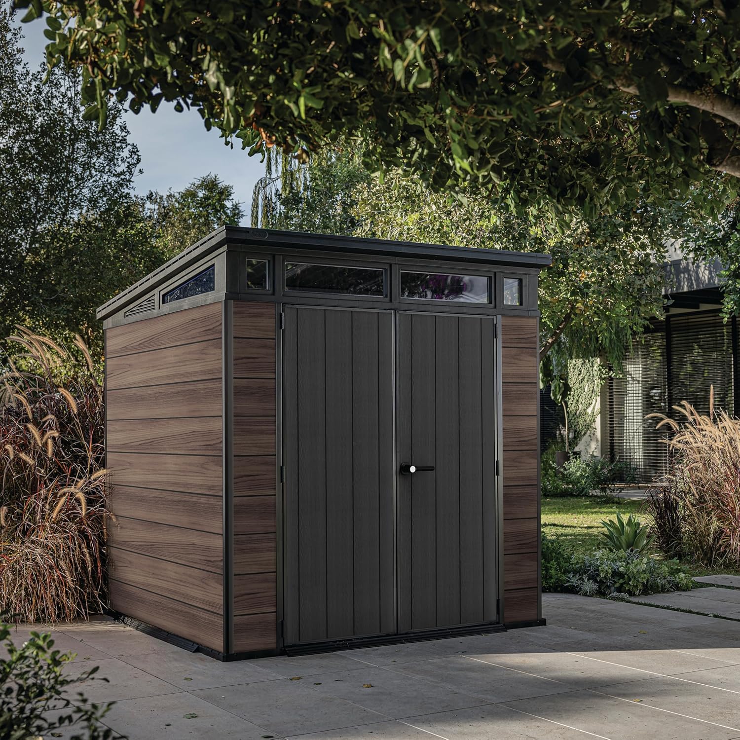 Keter Signature 7x7ft Pent Shed - Rosewood| Premium Weather‑Resistant Outdoor Storage with Steel‑Reinforced Roof & Lockable Double Doors