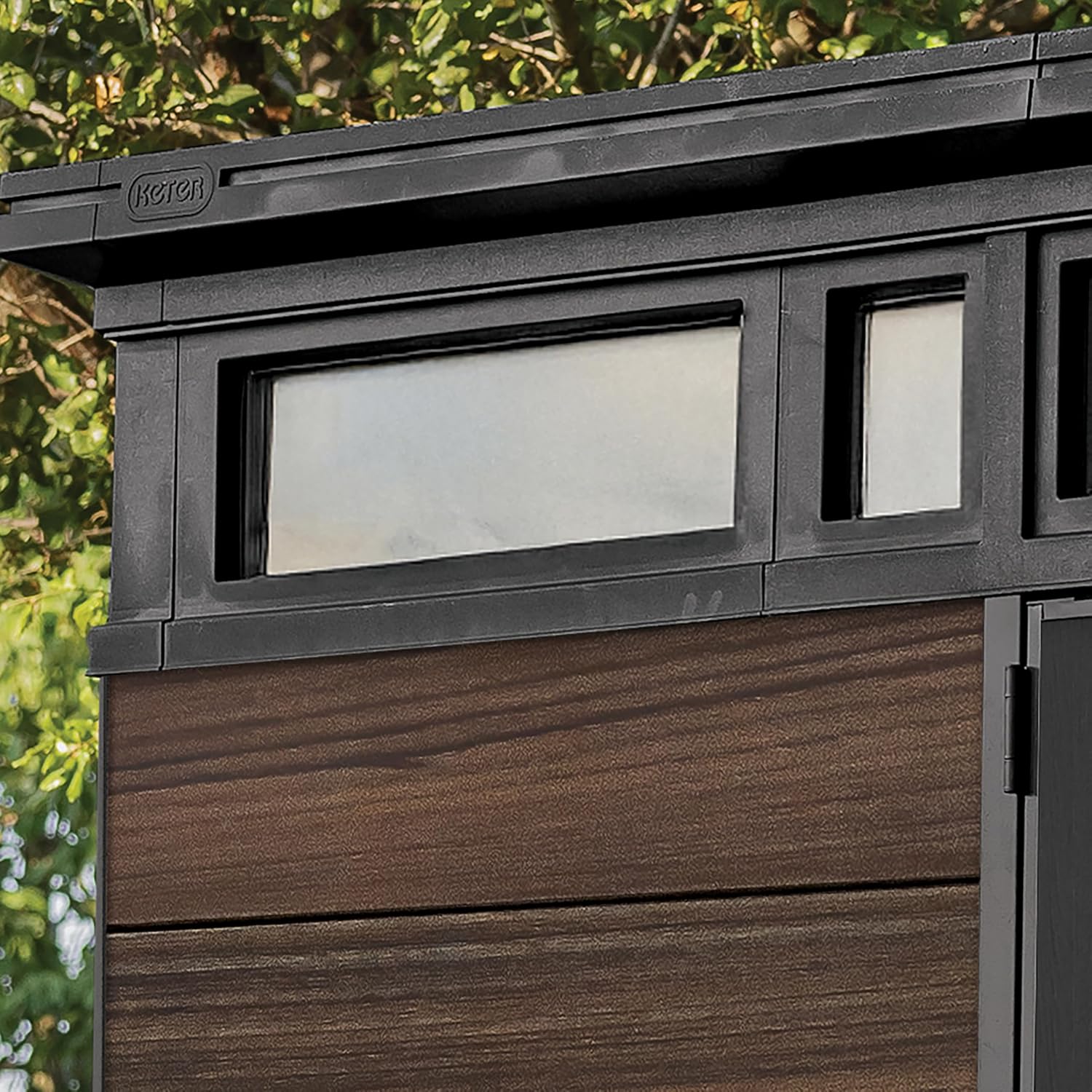 Keter Signature 7x7ft Pent Shed - Rosewood| Premium Weather‑Resistant Outdoor Storage with Steel‑Reinforced Roof & Lockable Double Doors